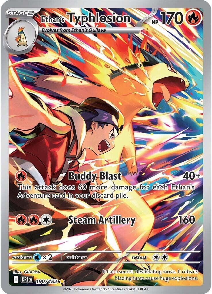 Ethan's Typhlosion card featuring a fiery attack illustration, showcasing its HP and special abilities for gameplay.
