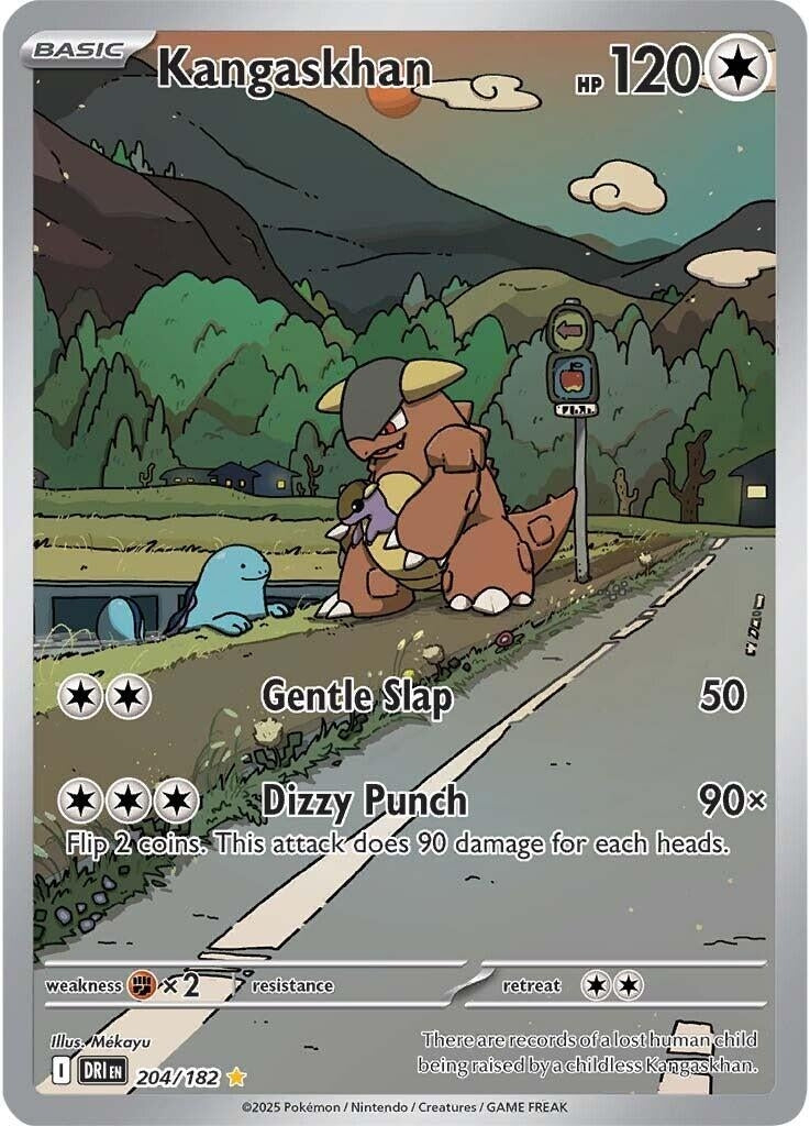 Kangaskhan card from SV10: Destined Rivals featuring HP 120, attacks Gentle Slap and Dizzy Punch, with artwork by Illus. Mekoyuu.