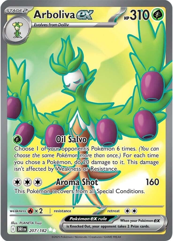 Arboliva ex card from SV10: Destined Rivals featuring HP 310, abilities Oil Salvo and Aroma Shot, with vibrant artwork.