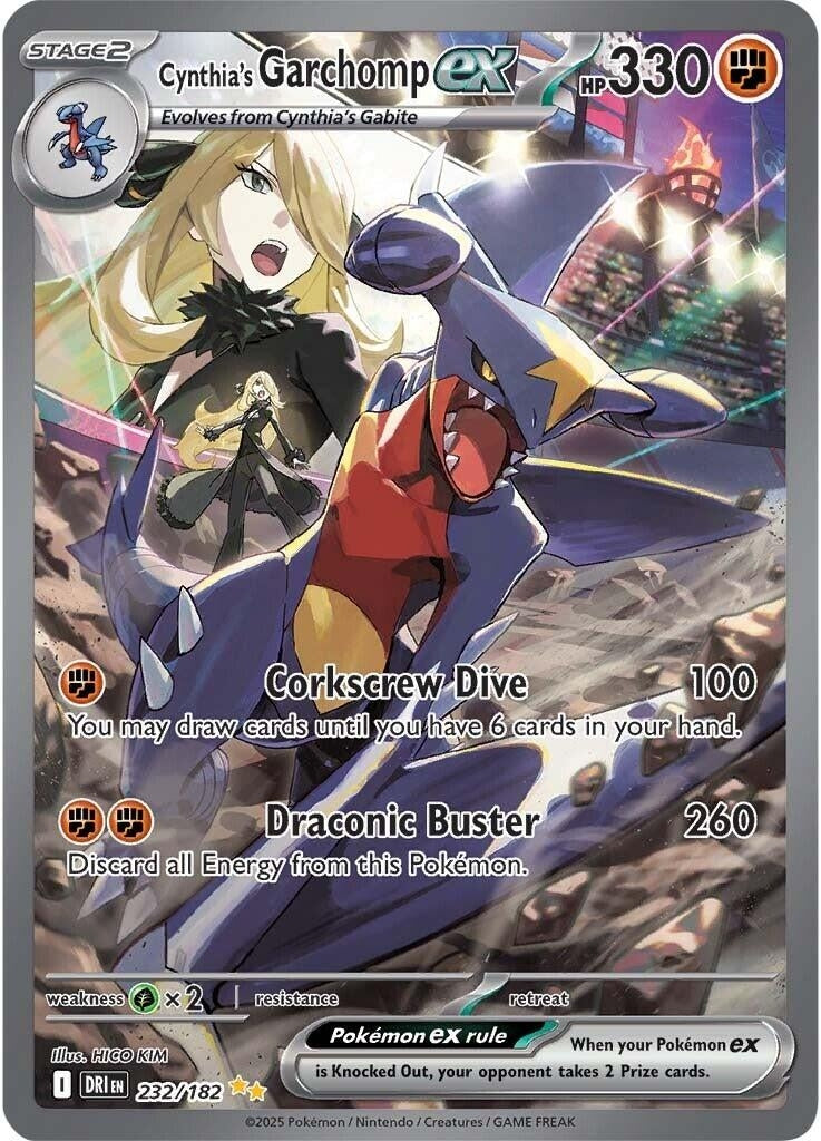 Cynthia's Garchomp ex card featuring a powerful dragon Pokémon with HP 330, showcasing its attacks and abilities.