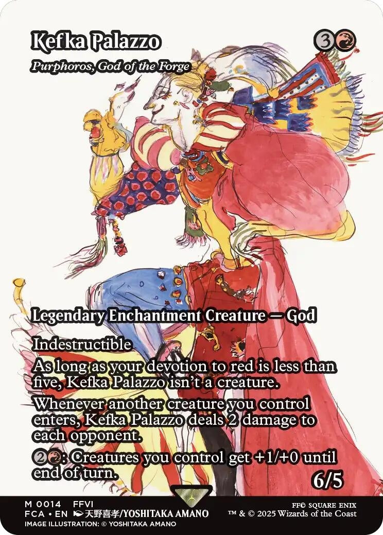 Kefka Palazzo card featuring Purphoros, God of the Forge, with vibrant artwork and game details, showcasing a legendary creature.
