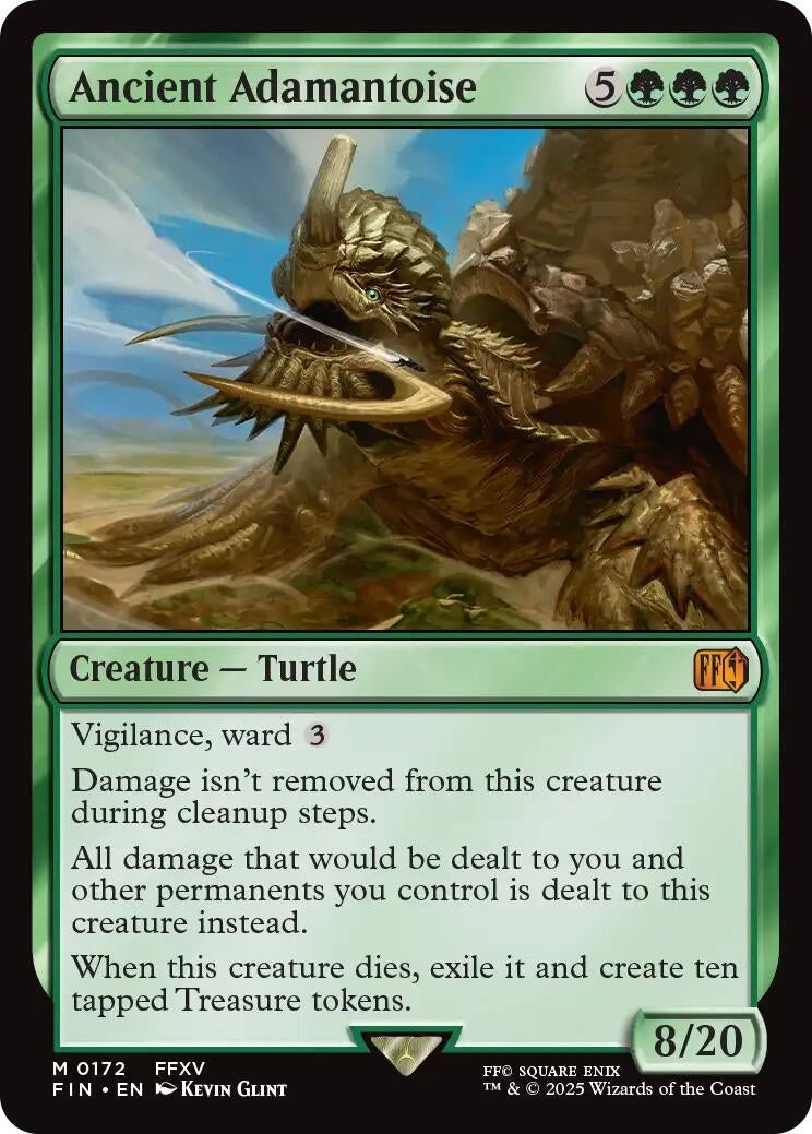 Ancient Adamantoise card featuring a turtle creature with vigilance and ward abilities, illustrated with a detailed fantasy design.