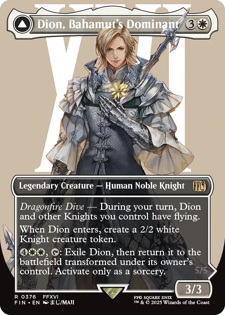 Dion, Bahamut's Dominant card featuring a Human Noble Knight with abilities to create tokens and return to play.