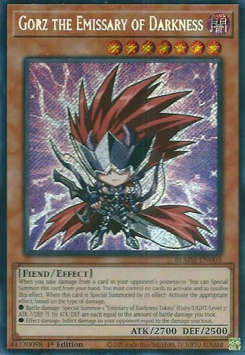 Gorz the Emissary of Darkness card featuring a fierce character with spiky hair, showcasing its attack and defense stats.
