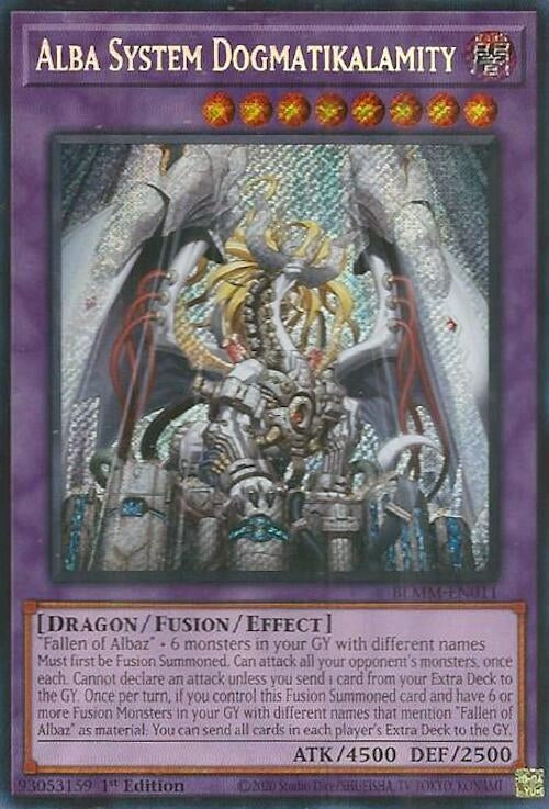 Alba System Dogmatikalamity card featuring a powerful dragon fusion monster with high attack and defense stats.
