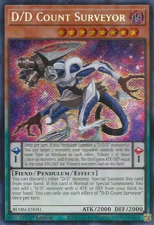 D/D Count Surveyor card featuring a blue and silver creature with a mechanical design, showcasing its stats and effects.