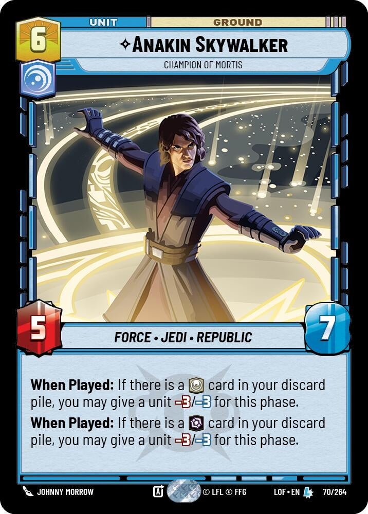 Anakin Skywalker card from a strategy game featuring his stats and abilities related to the Force and Jedi.
