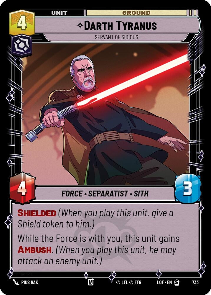 Darth Tyranus card featuring a foil design, showcasing stats and abilities for a strategy game.