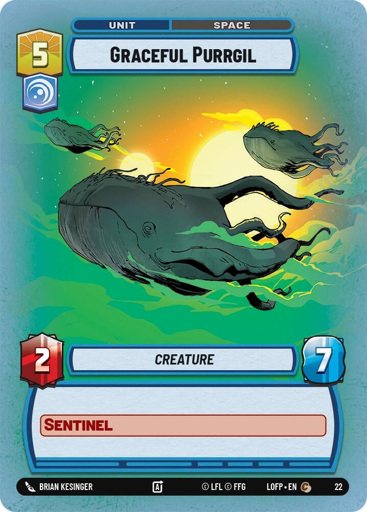 Graceful Purrgil card featuring three large space whales against a colorful sunset background, labeled as a creature unit.