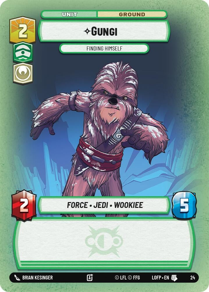 Gungi card from Star Wars featuring a Wookiee Jedi with a determined expression, showcasing stats and abilities.