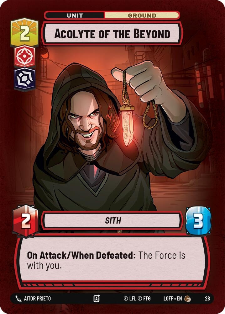 Acolyte of the Beyond card featuring a Sith character holding a dagger, with game stats and abilities displayed.