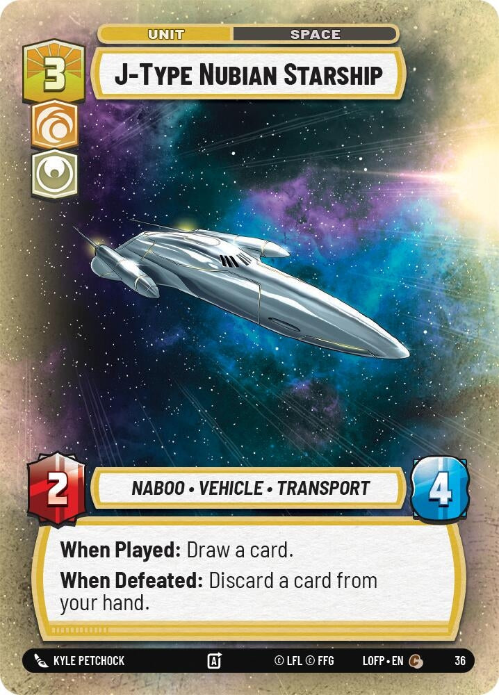 J-Type Nubian Starship card featuring a sleek silver spaceship in space, with game stats and abilities listed below.