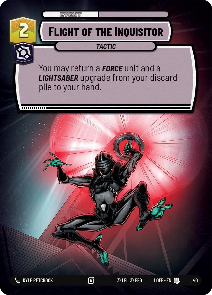 Event card "Flight of the Inquisitor" featuring a tactical character with a lightsaber and a glowing background.