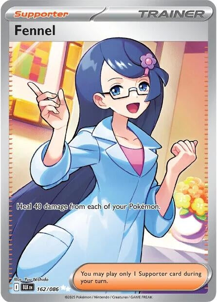 Fennel Supporter card featuring a character in a lab coat, promoting healing for Pokémon during gameplay.