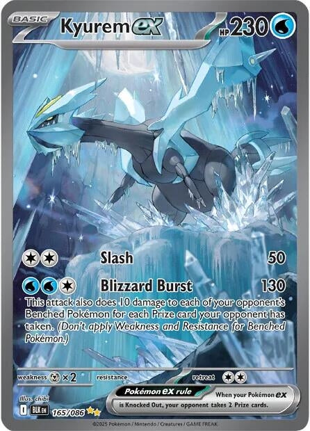 Kyurem ex card featuring a dragon-like Pokémon with icy blue accents and high HP, showcasing attack details and card number.