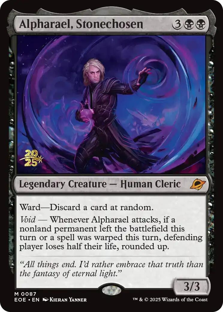 Alpharael, Stonechosen card featuring a legendary human cleric with dark magic effects and a swirling purple background.