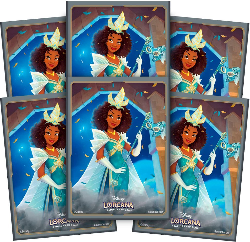 Matte card sleeves featuring Tiana from Disney Lorcana, showcasing her in a shimmering blue gown with a crown.