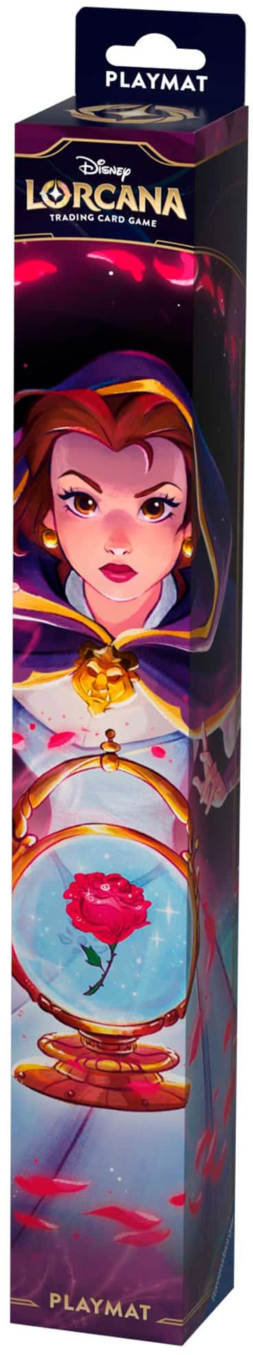 Disney Lorcana TCG playmat featuring Belle with a magical rose, designed for tabletop gaming enthusiasts.