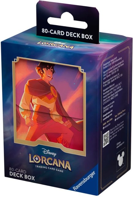 Disney Lorcana TCG Aladdin deck box featuring vibrant artwork of Aladdin, designed for 80 trading cards.