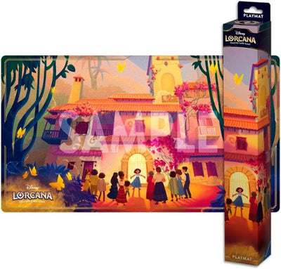 Colorful Disney Lorcana Encanto playmat featuring a vibrant scene of the Madrigal house with characters and butterflies.