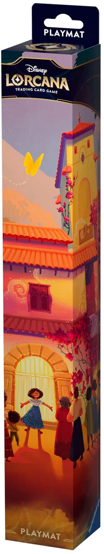 Disney Lorcana TCG Encanto playmat featuring vibrant artwork of a colorful building with characters and floral designs.