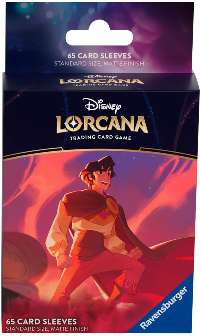 Matte card sleeves featuring Aladdin from Disney Lorcana, designed for standard-sized trading cards, pack of 65.