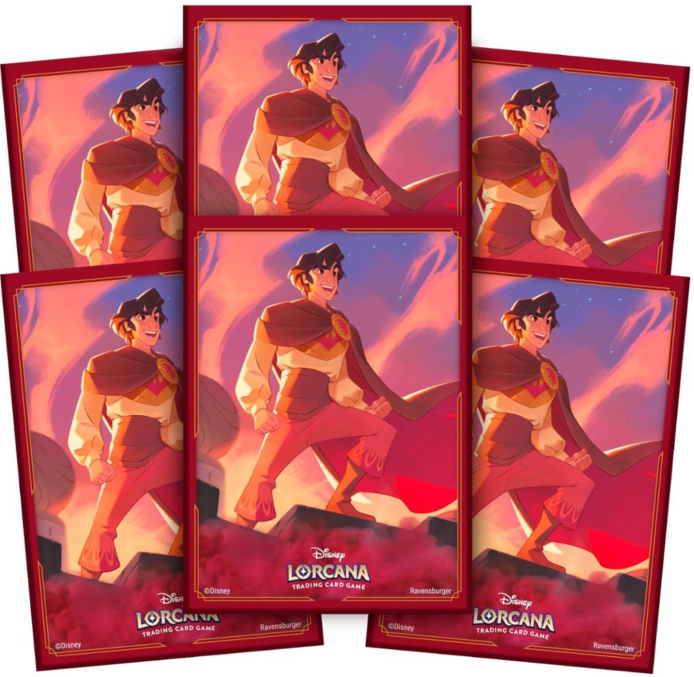Matte card sleeves featuring Aladdin from Disney Lorcana, designed for protecting trading cards with vibrant artwork.