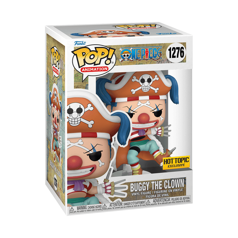 Funko Pop! figure of Buggy the Clown from One Piece, featuring vibrant colors and a detailed design in a collectible box.