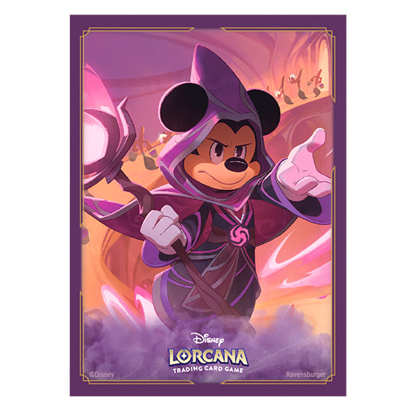 Matte card sleeves featuring Mickey Mouse as the Wayward Sorcerer from Disney Lorcana TCG, vibrant purple design.