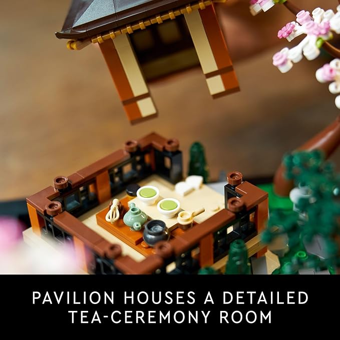 LEGO Icons Tranquil Garden set featuring a pavilion with a detailed tea-ceremony room and cherry blossom elements.