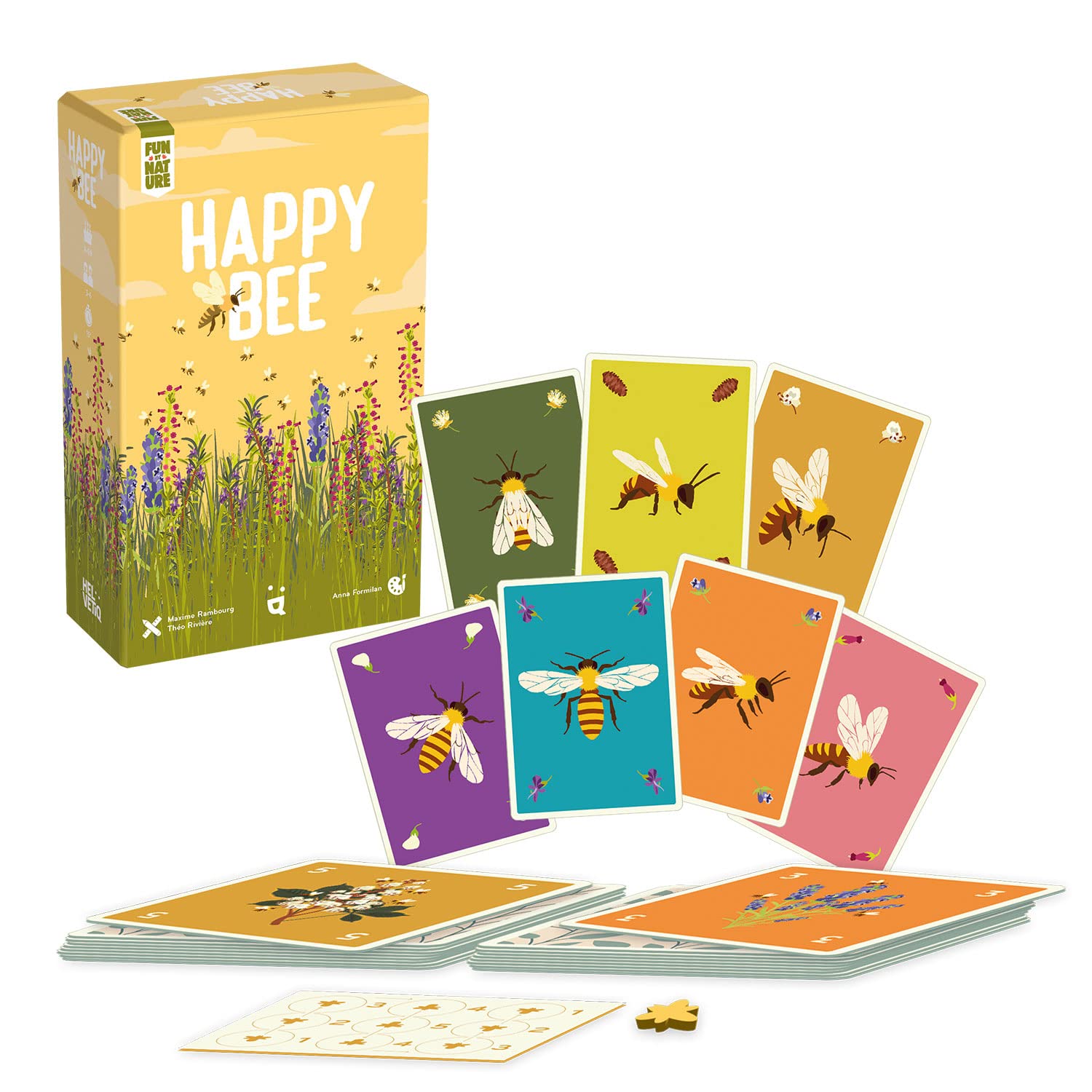 Colorful card game Happy Bee featuring illustrated bee cards and a vibrant box design with floral elements.