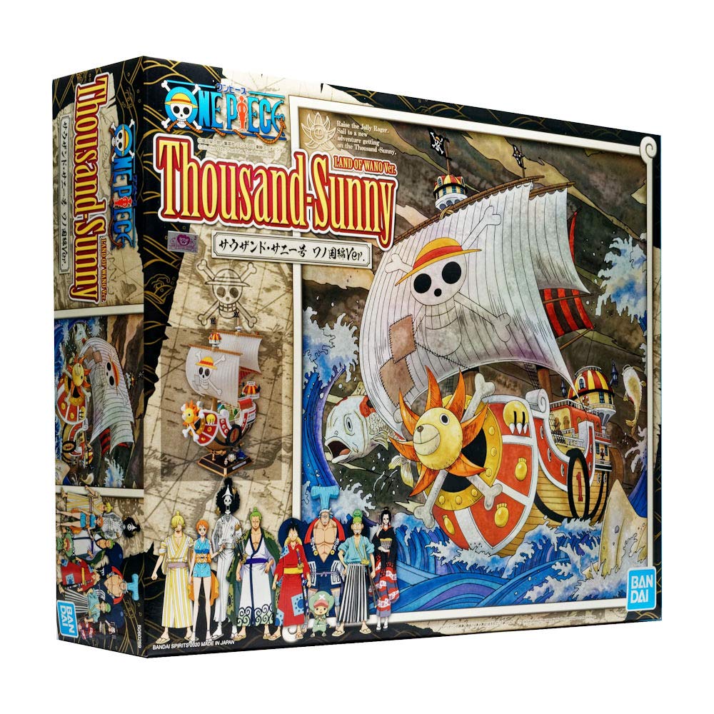 Model kit box for Bandai Hobby's One Piece Thousand Sunny (Land of Wano Ver.), featuring vibrant artwork and ship details.