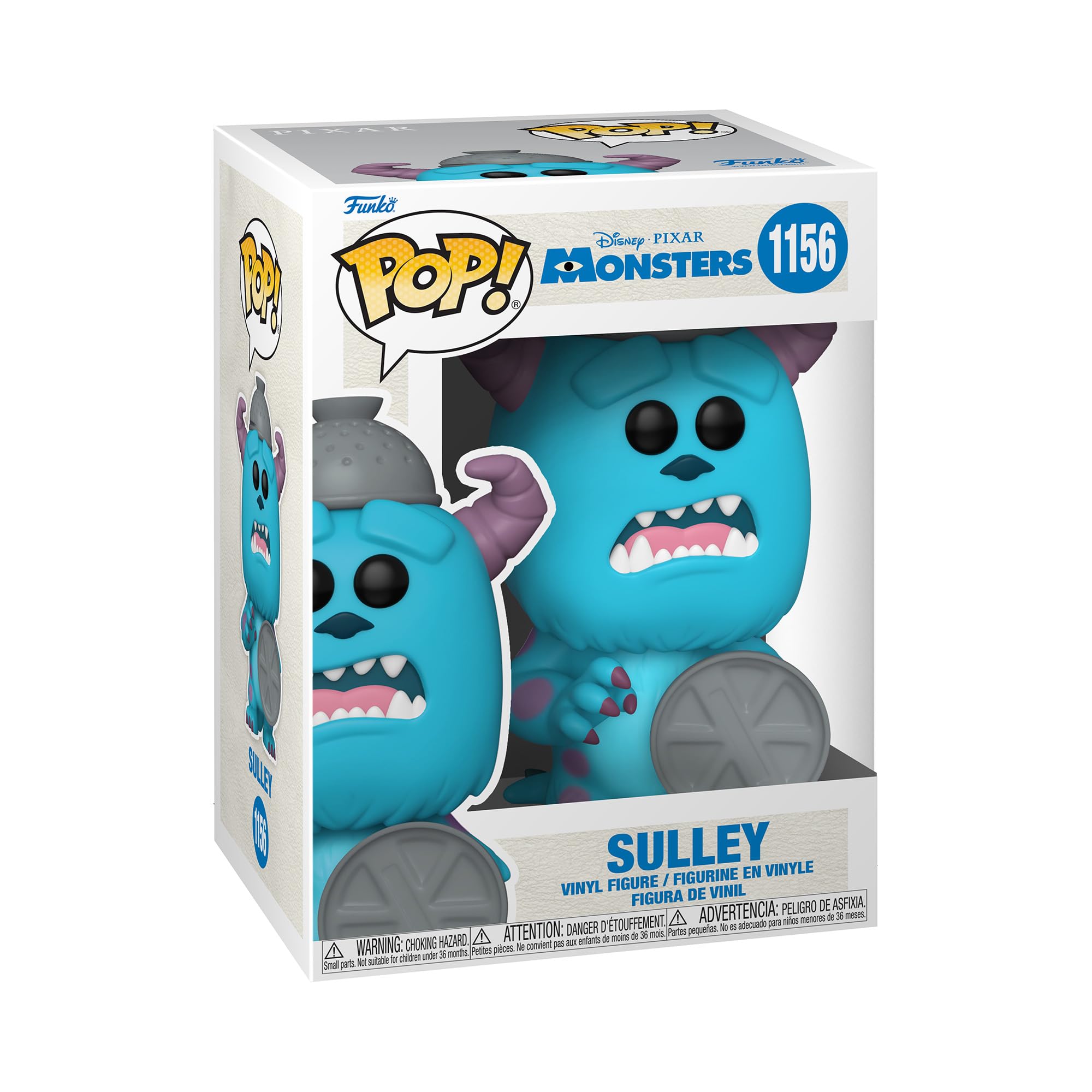 Funko Pop! figure of Sulley from Monsters Inc., featuring bright blue color and distinctive purple horns in box packaging.