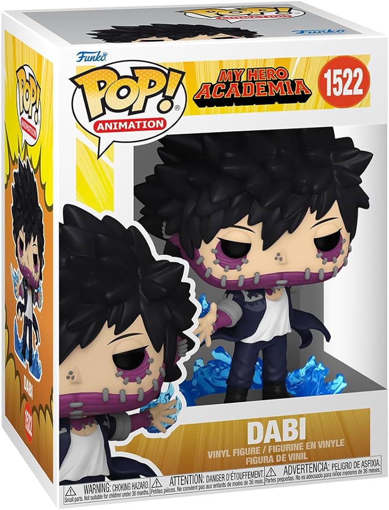 My Hero Academia Funko Pop! figure of Dabi #1522, featuring a stylized character with spiky black hair and blue flames.