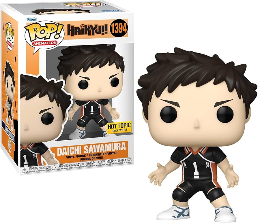 Funko Pop! figure of Daichi Sawamura from Haikyu!, wearing a black volleyball uniform with number 1, next to its box.