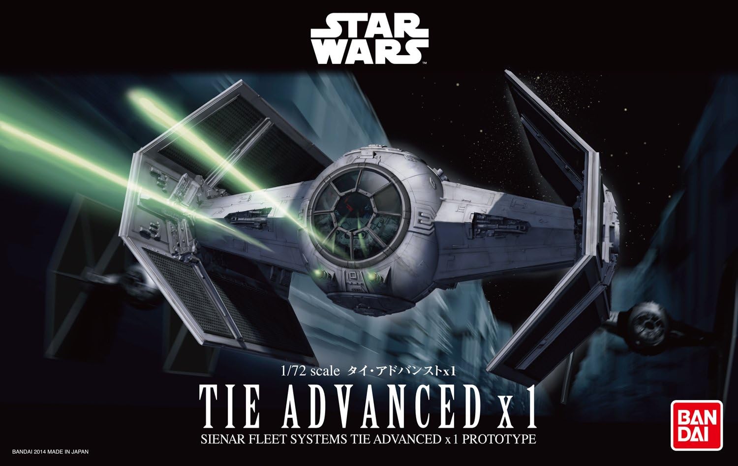 1/72 scale model of the Star Wars TIE Advanced x1, featuring detailed design and iconic starfighter elements.