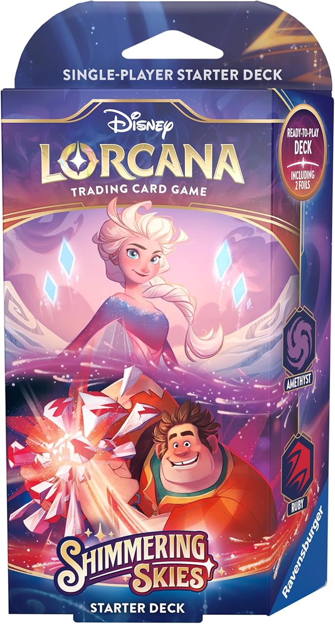 Disney Lorcana Shimmering Skies Starter Deck featuring Amethyst and Ruby characters, ready-to-play trading card game.