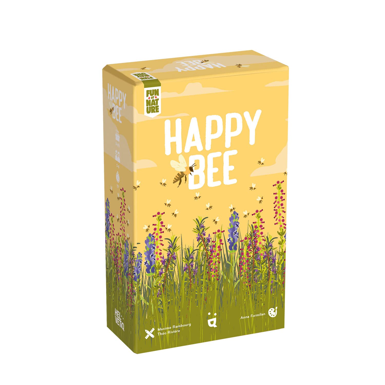 Colorful game box for "Happy Bee," featuring a vibrant meadow with flowers and bees against a sunny yellow background.