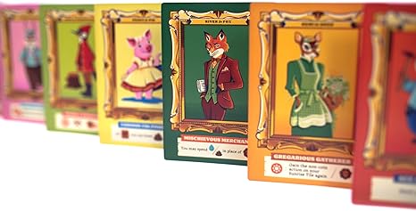 Colorful character cards from the board game Harvest, featuring anthropomorphic animals in stylish outfits.