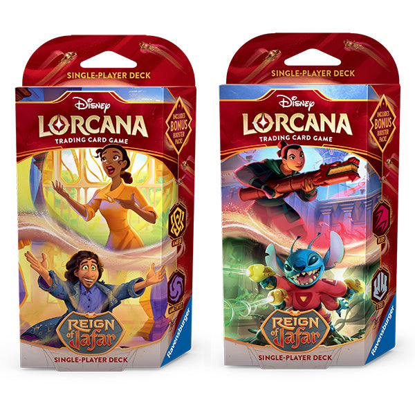 Disney Lorcana TCG Reign of Jafar starter deck set featuring two single-player decks with vibrant character artwork.