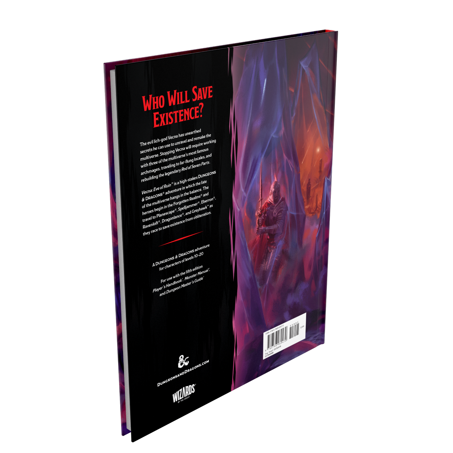 Back cover of Dungeons & Dragons 5E RPG: Vecna - Eve of Ruin, featuring a dramatic illustration and text about the adventure.