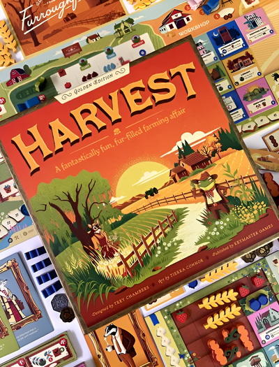 Colorful board game box for "Harvest," featuring a vibrant farm scene with fields and a farmer, surrounded by game components.