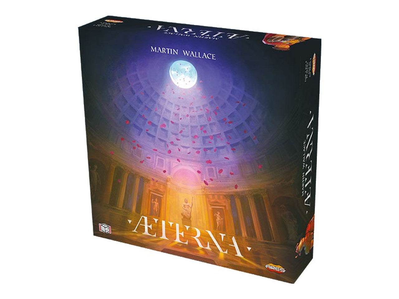 Aeterna board game box featuring a grand dome interior with a moonlit ceiling and ornate decorations.
