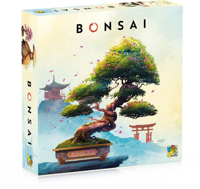 Colorful board game box for Bonsai featuring a stylized bonsai tree and a serene landscape with traditional architecture.