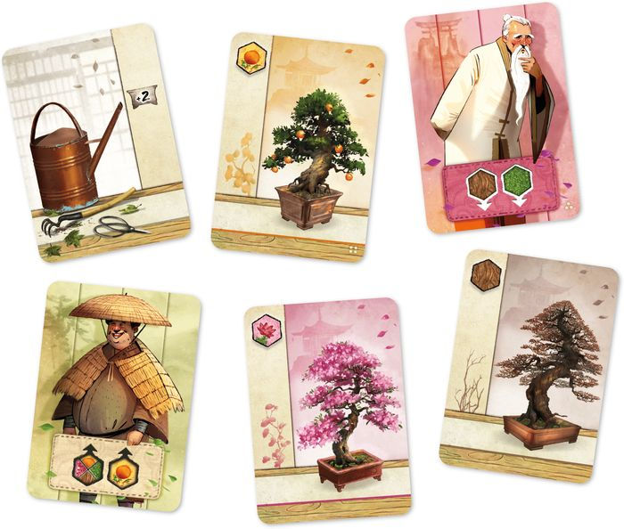 Cards from the Bonsai board game featuring various bonsai trees, tools, and characters in a colorful design.