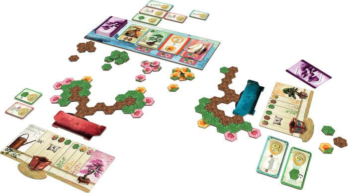 Colorful game setup of Bonsai featuring hexagonal tiles, cards, and tokens arranged on a tabletop, showcasing strategic gameplay elements.