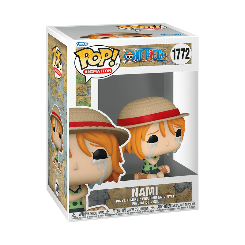 Funko Pop! Nami figure from One Piece, featuring her with tears, in a collectible box.
