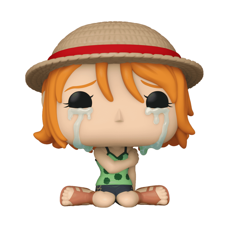 Funko Pop! Nami figure with orange hair and straw hat, sitting and crying, showcasing a sad expression.