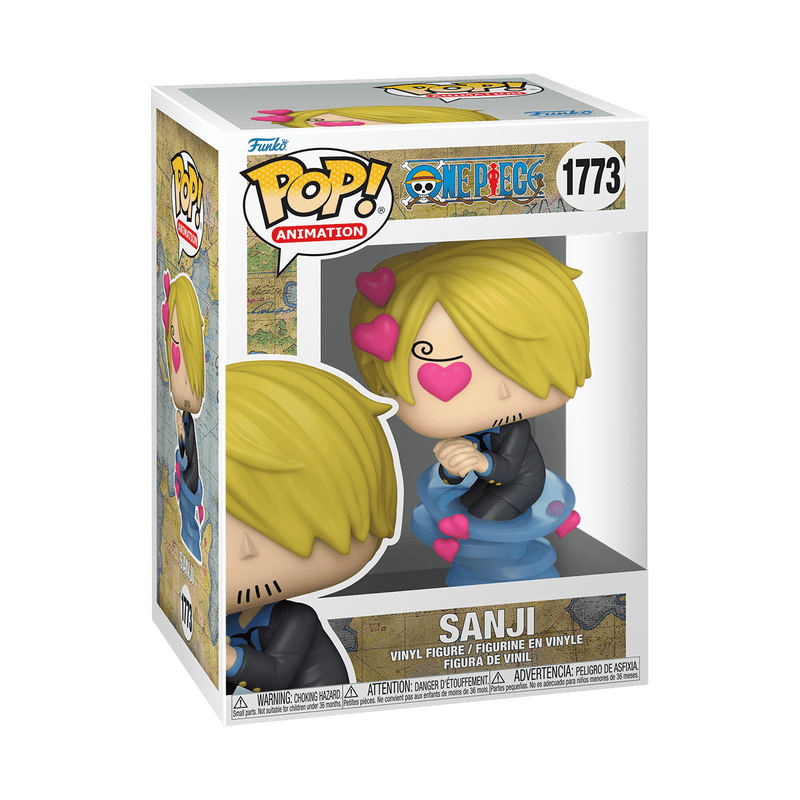Funko Pop! Sanji in Love collectible figure from One Piece, featuring Sanji with heart-shaped eyes and a playful expression.