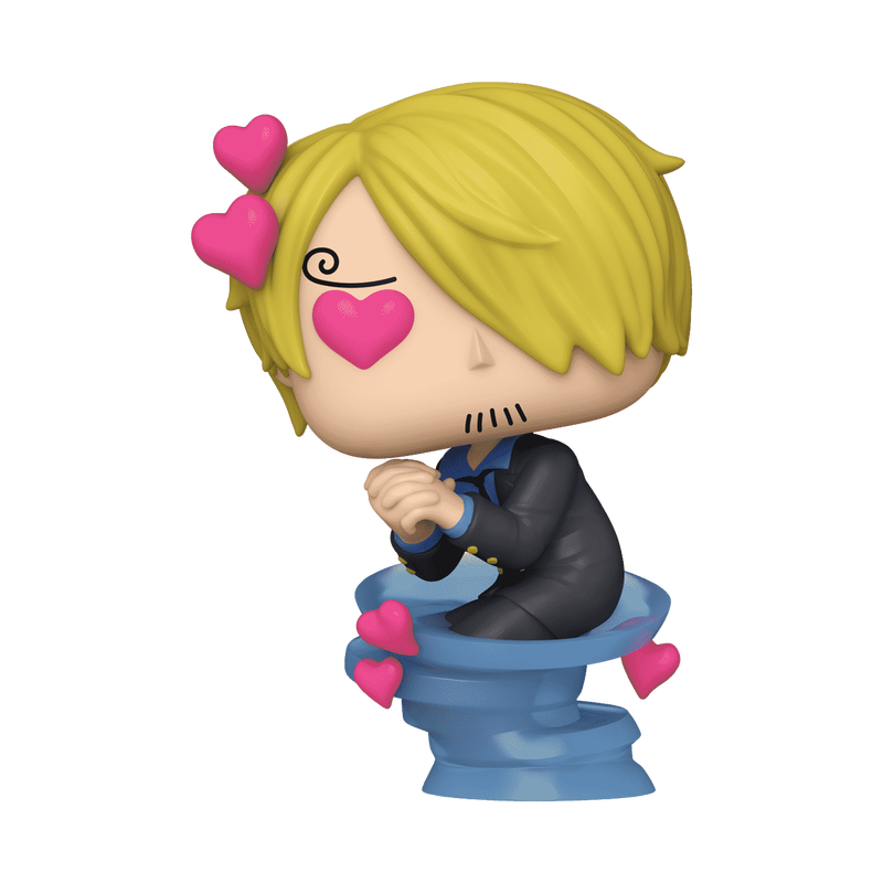 Funko Pop! figure of Sanji from One Piece, featuring him with hearts and a playful pose, dressed in a suit.